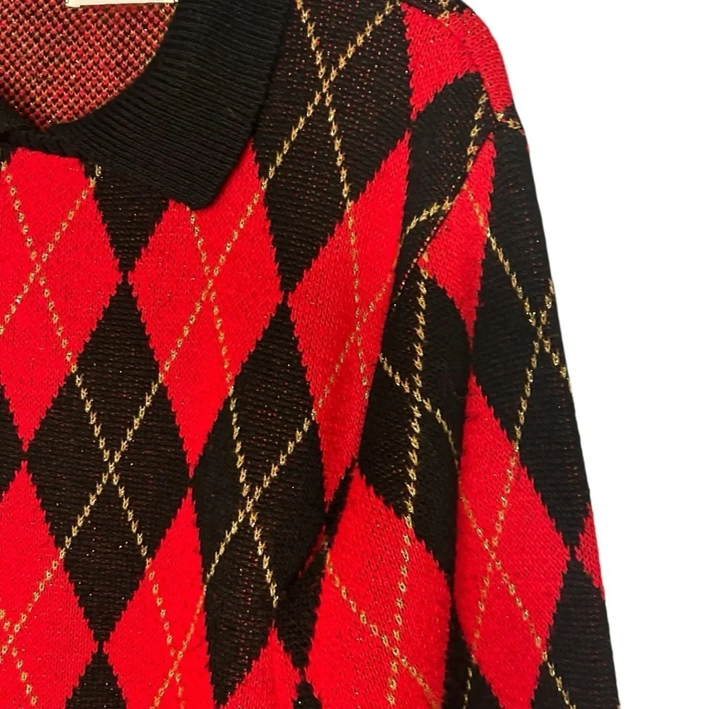 Alfred Dunner Vintage Argyle Sweater Red Black Gold | M | Made USA